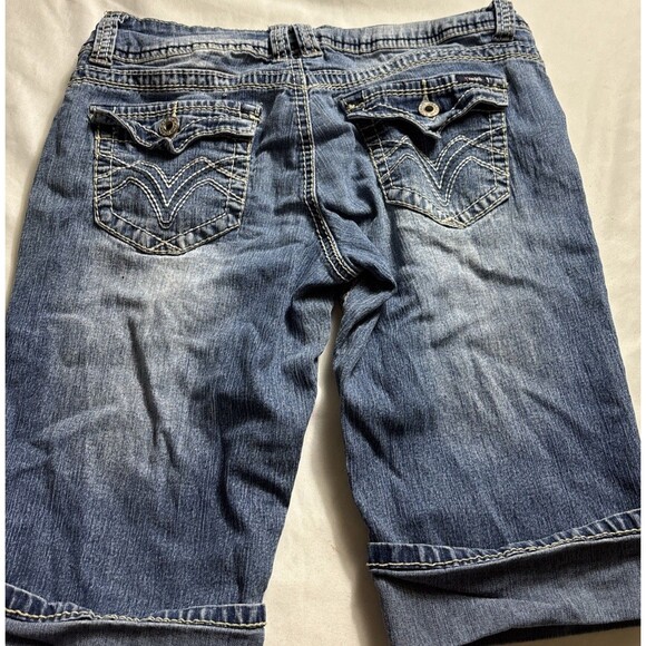 Denim Shorts Thick Stitch Flap Pockets  Embroidery Long  Western Cuffed BL - Picture 15 of 15